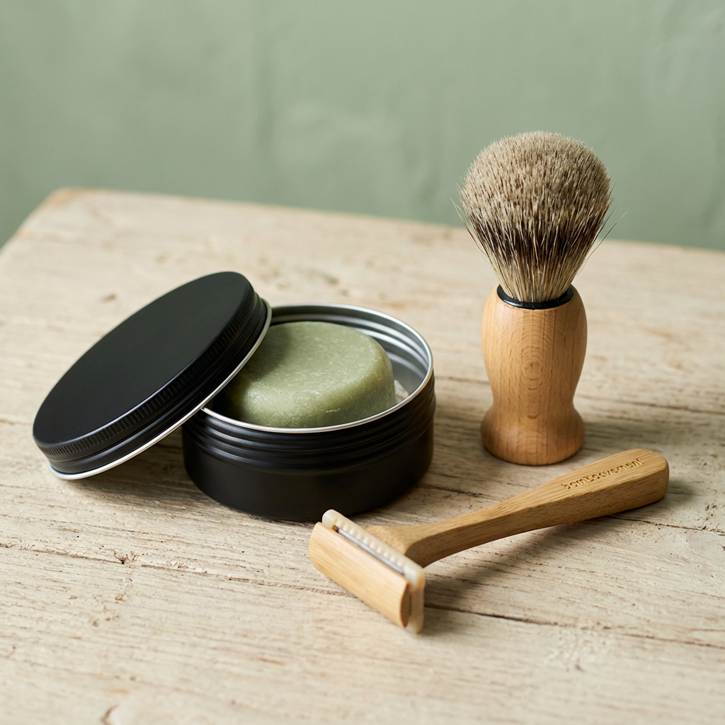 Shavingbar, barberingskost og bambusskraber side om side